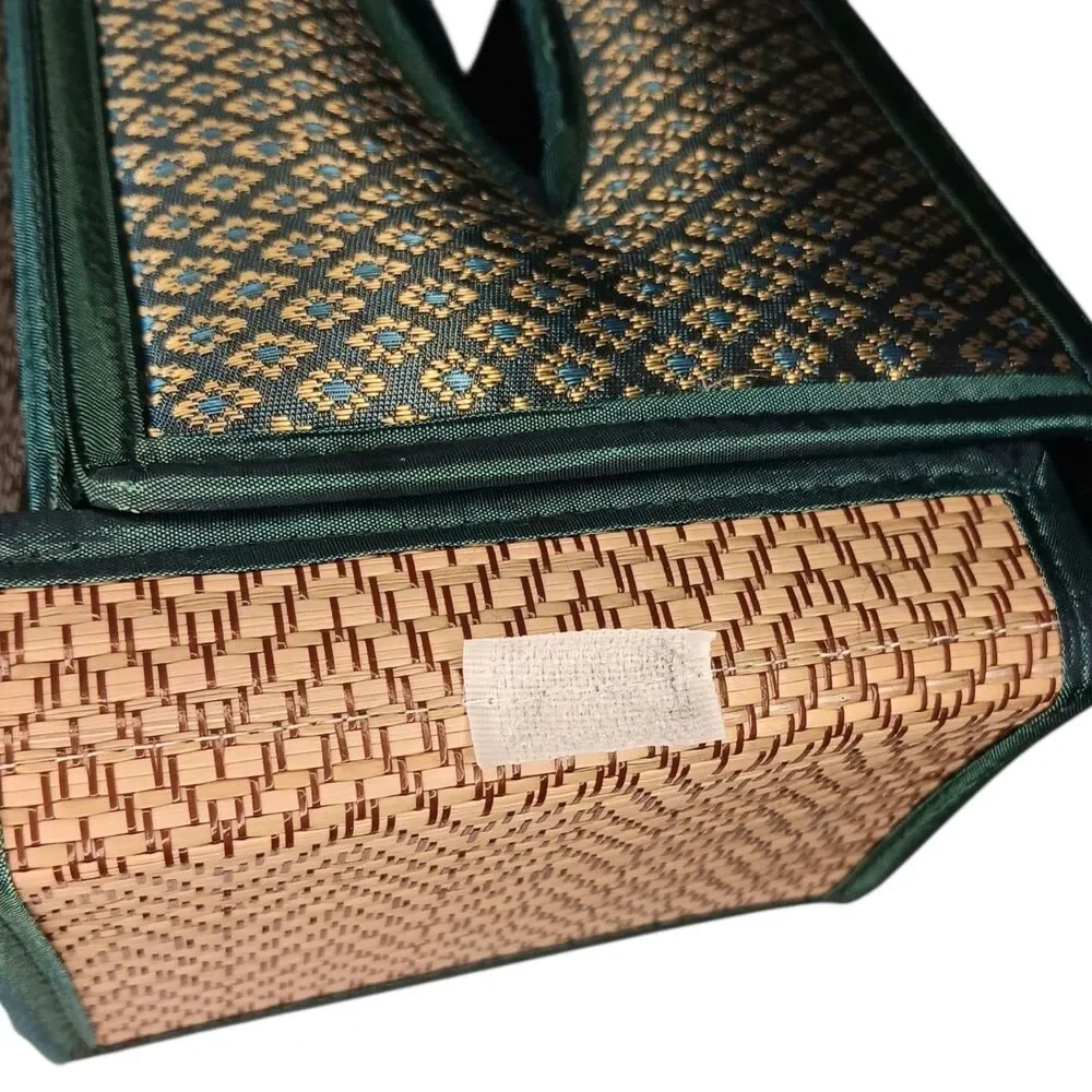 Handmade Woven Reed Tissue Box Holder Blue Green Brown Gold Rectangle Bohemian